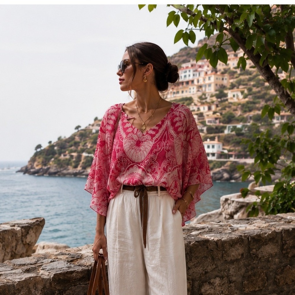 Alfani Pink Paisley Kimono Sleeve Blouse Medium Ruched Side Textured Top